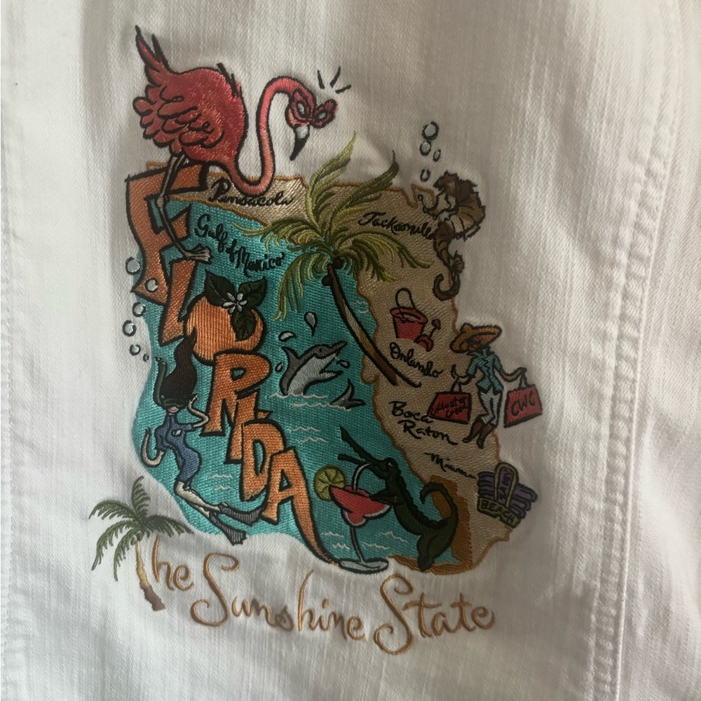 Florida Embroidered jacket with Flamingo & Palm Graphic - White